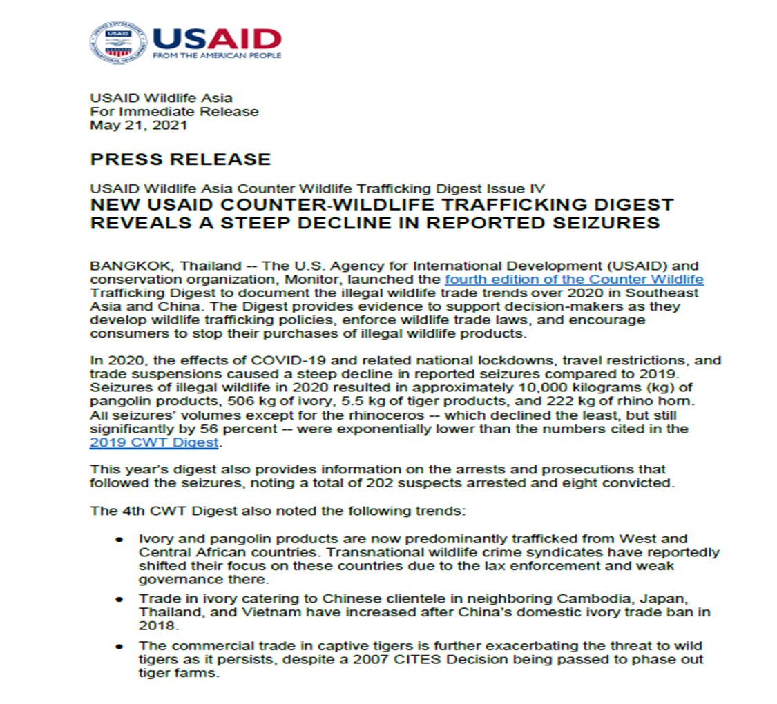 NEW USAID COUNTER WILDLIFE TRAFFICKING DIGEST REVEALS A STEEP DECLINE IN REPORTED SEIZURES